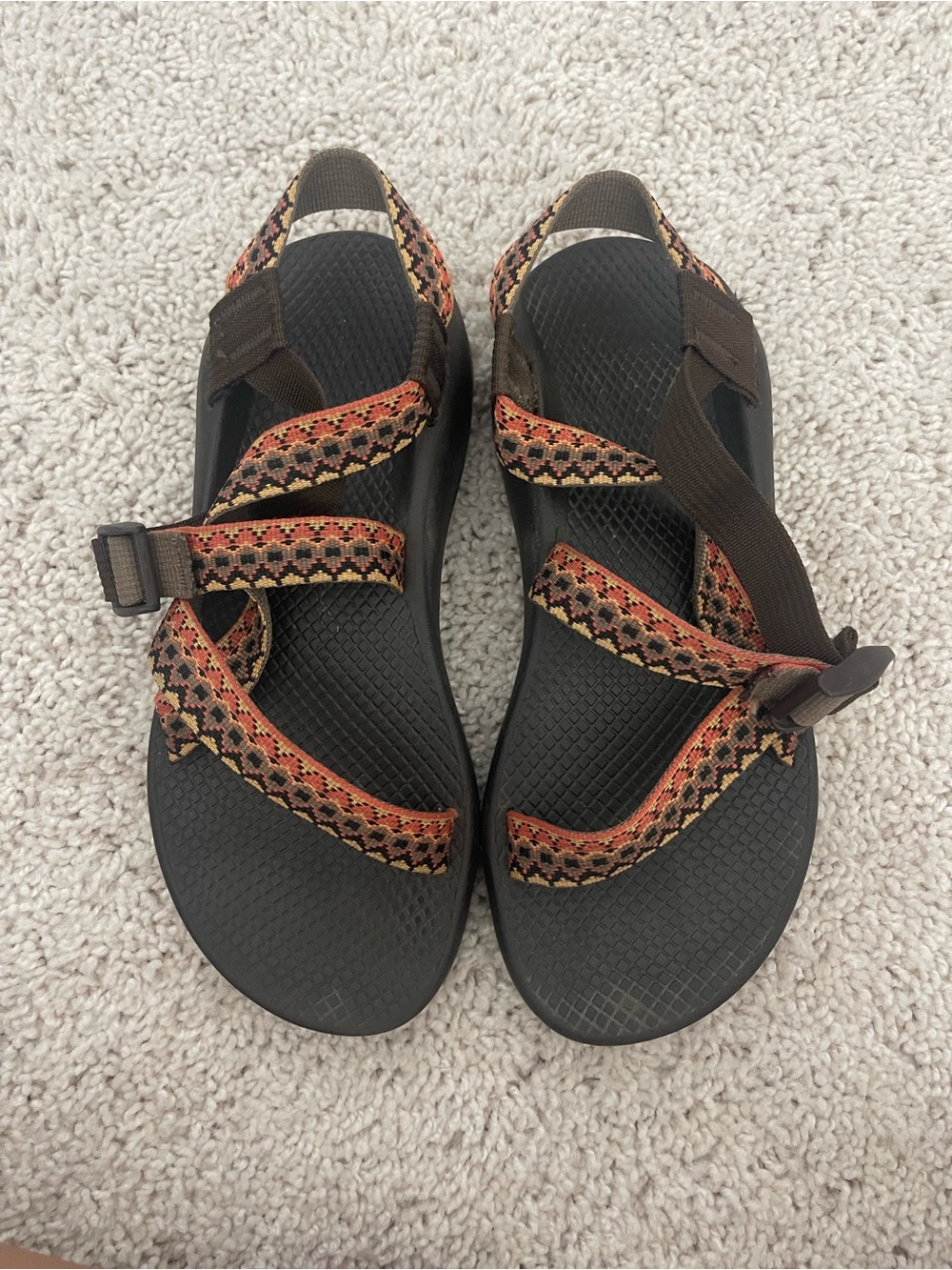 Chaco Women's Black Sandals with Brown and Orange Patterned Straps